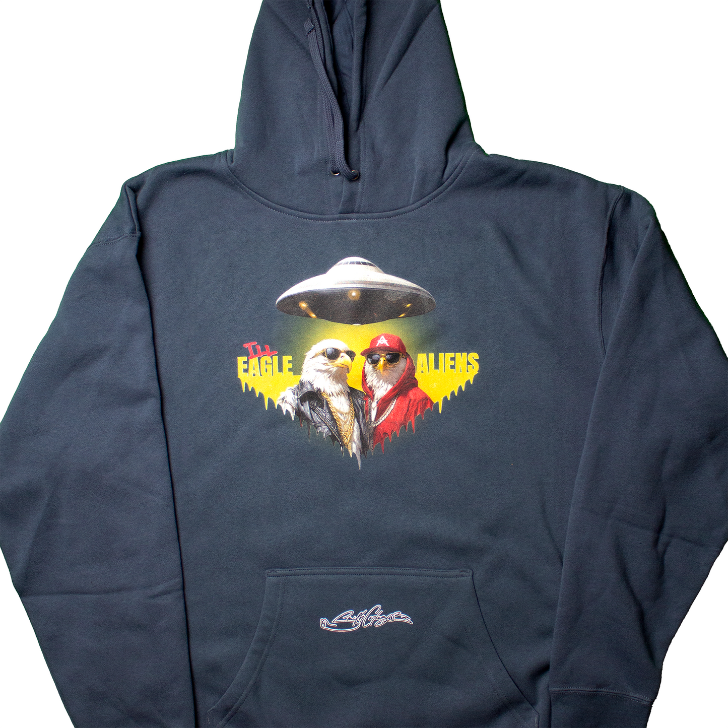 Front view of Ill Eagle Aliens hoodie with UFO, eagle graphics, and bold streetwear design