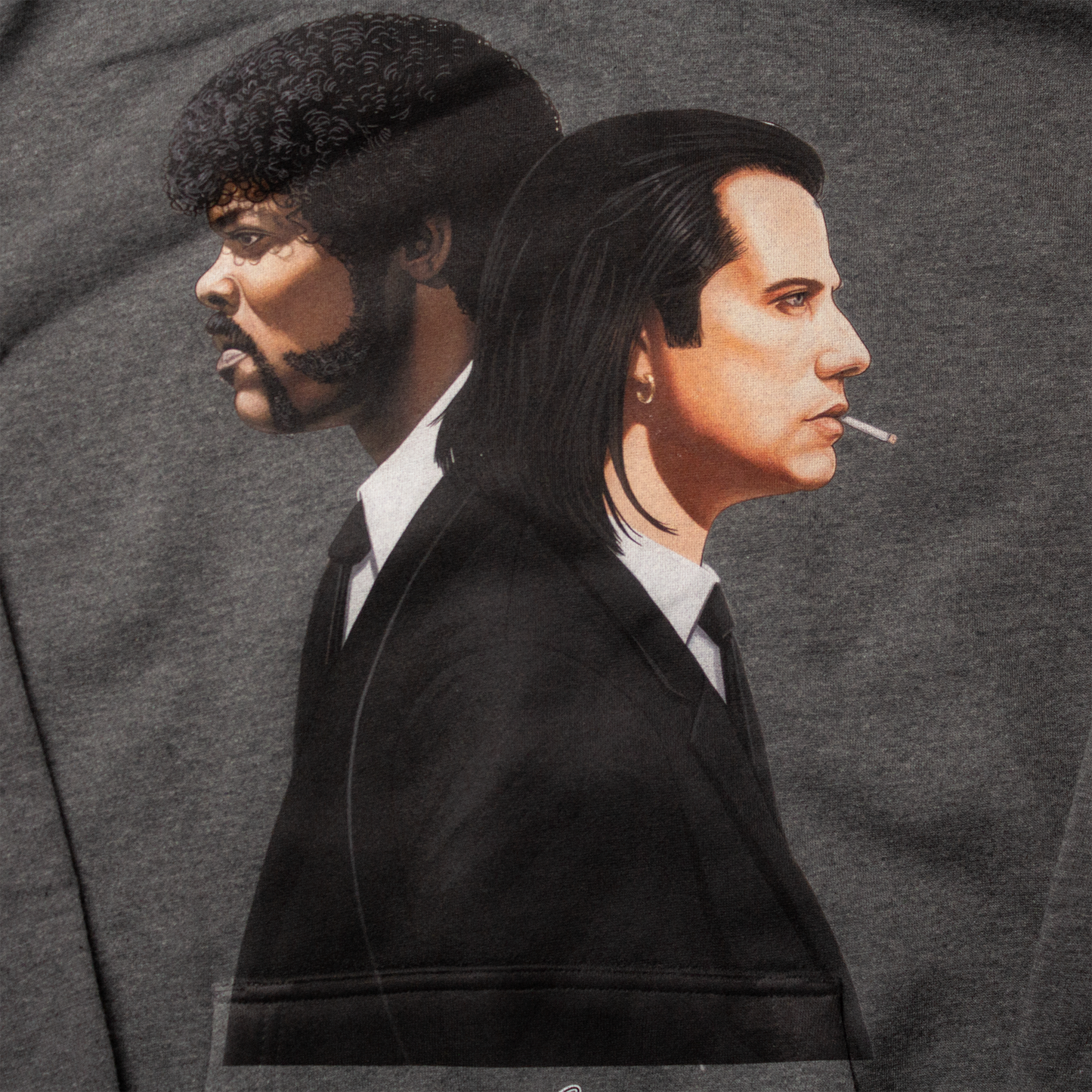 Close-up of Jules and Vincent hoodie design – stylized portrait of cult movie characters in suits