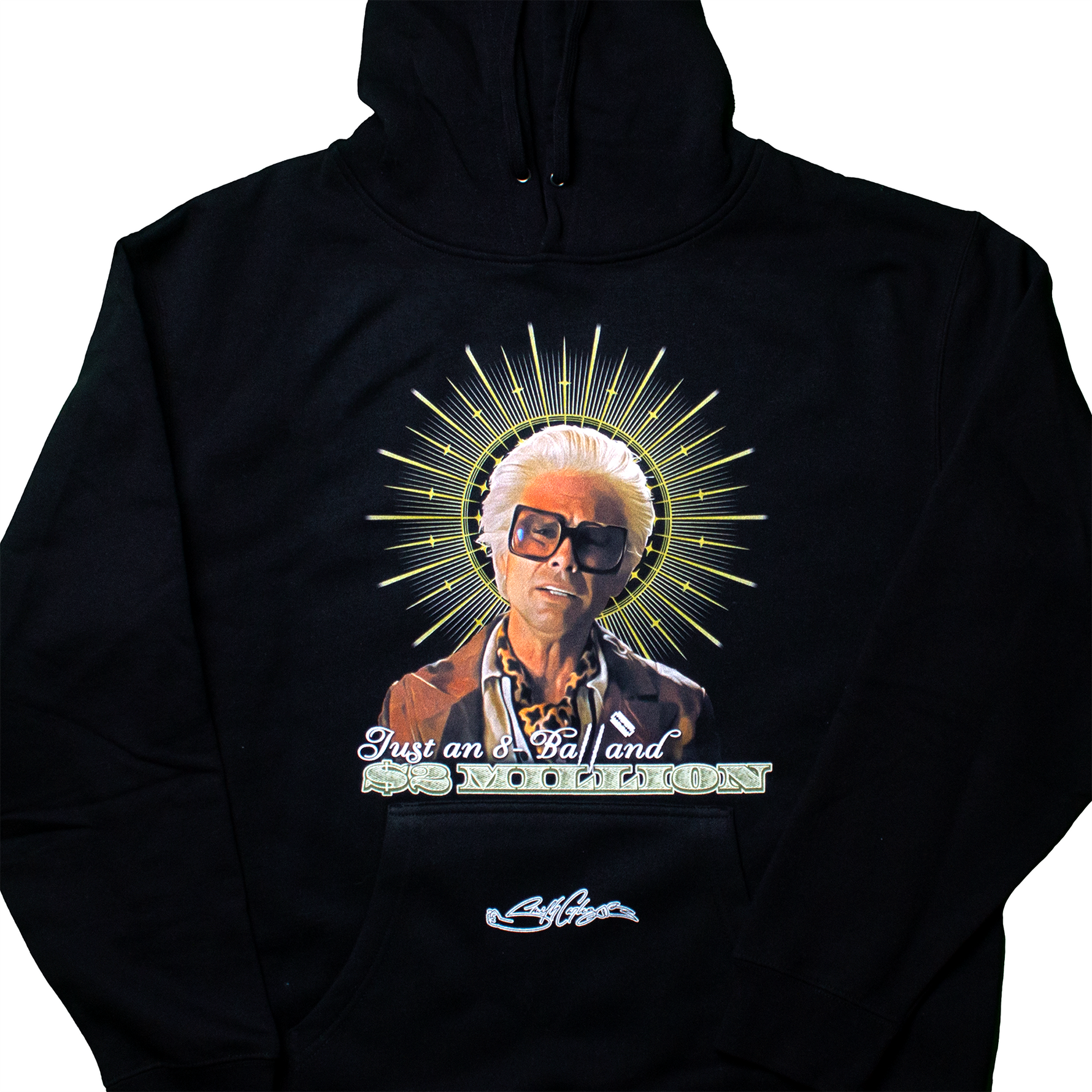 Uncle Baby Billy custom hoodie with 8-ball and money quote – black cotton fleece