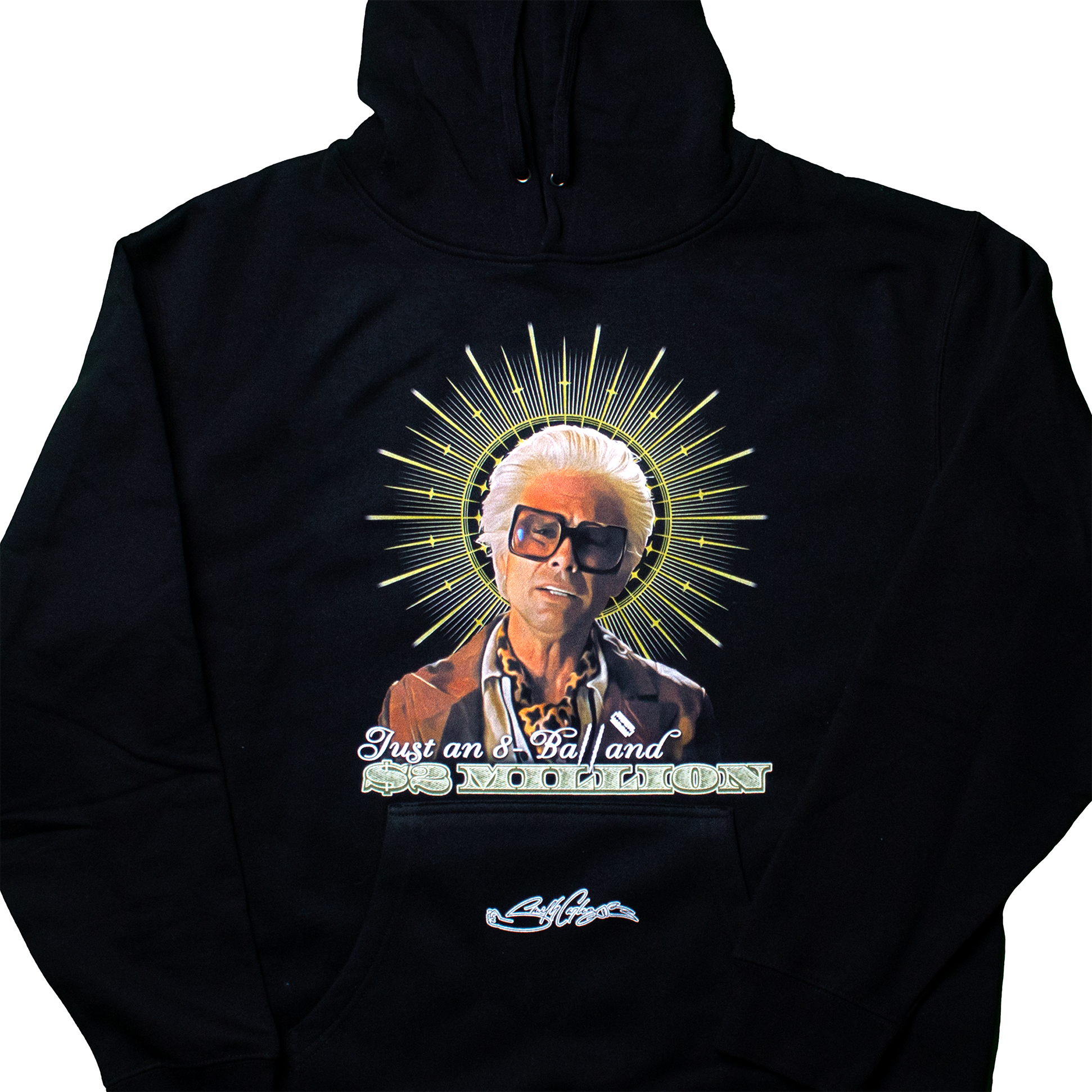 Uncle Baby Billy custom hoodie with 8-ball and money quote – black cotton fleece