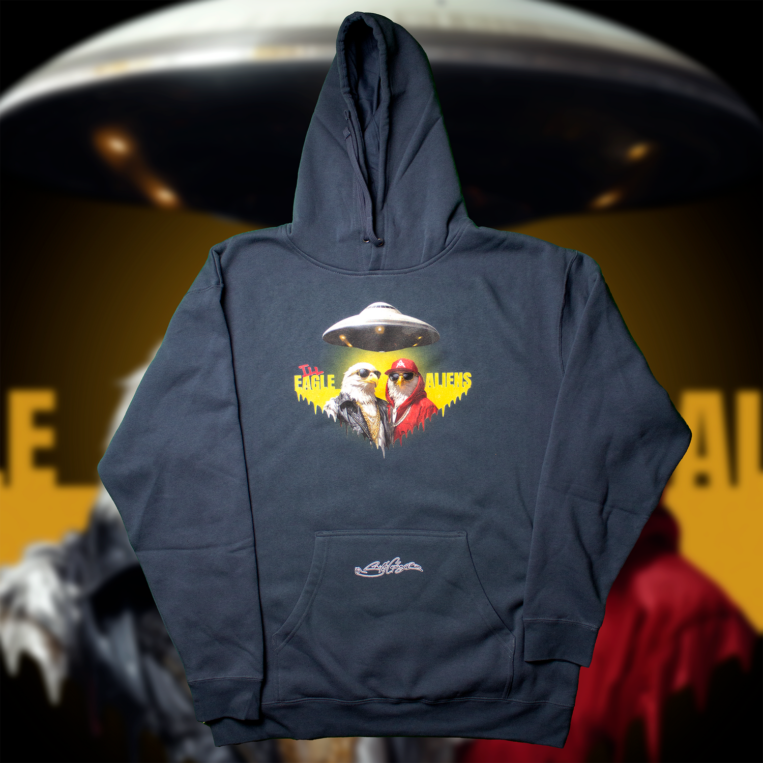 Ill Eagle Aliens hoodie in black featuring bald eagle characters under UFO – meme-inspired streetwear