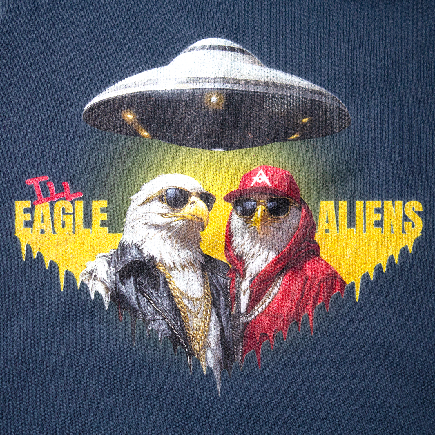 Detailed close-up of Ill Eagle Aliens hoodie print with eagles in sunglasses, chains, and spaceship overhead