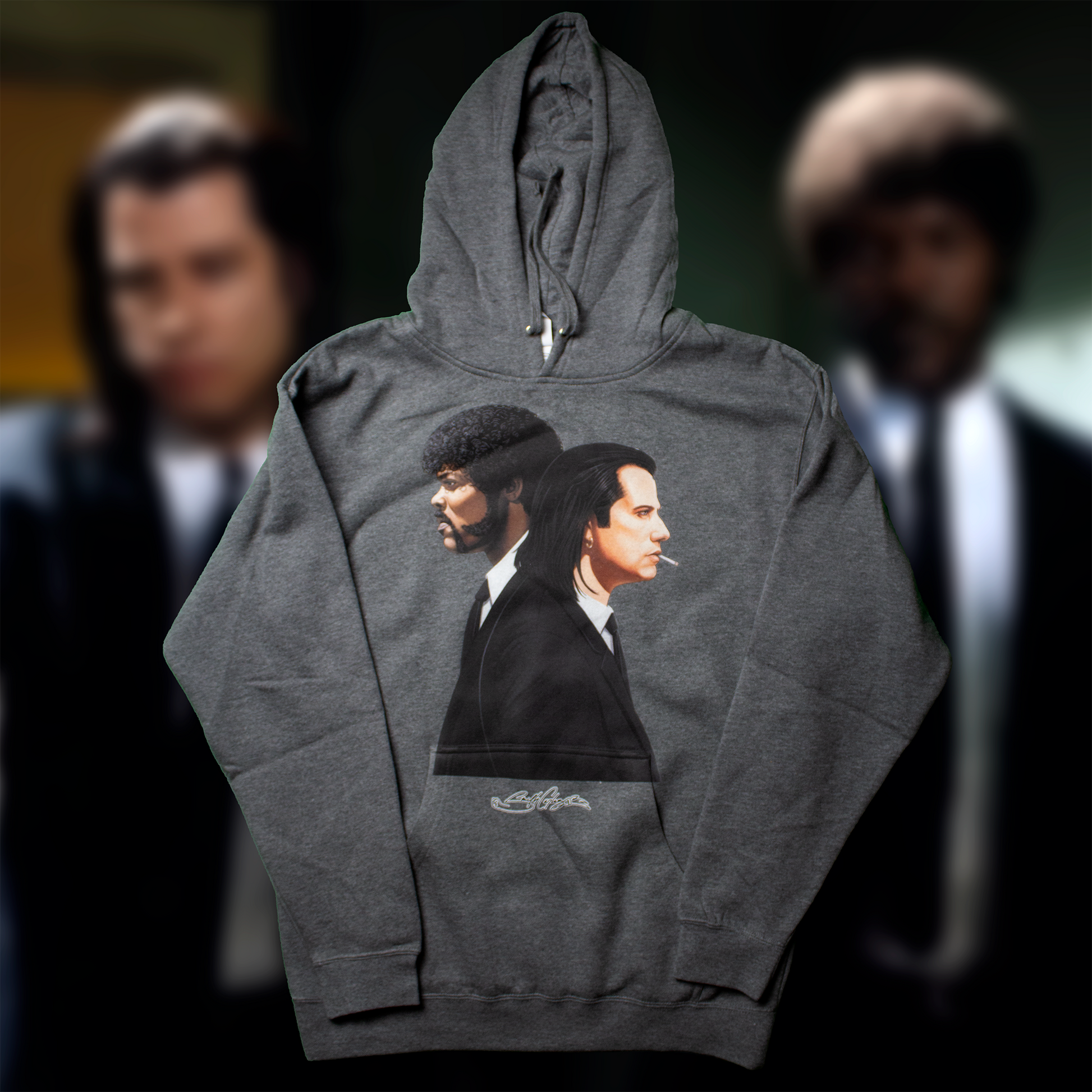 Charcoal Jules & Vincent hoodie with Pulp Fiction characters in profile – cult film streetwear.