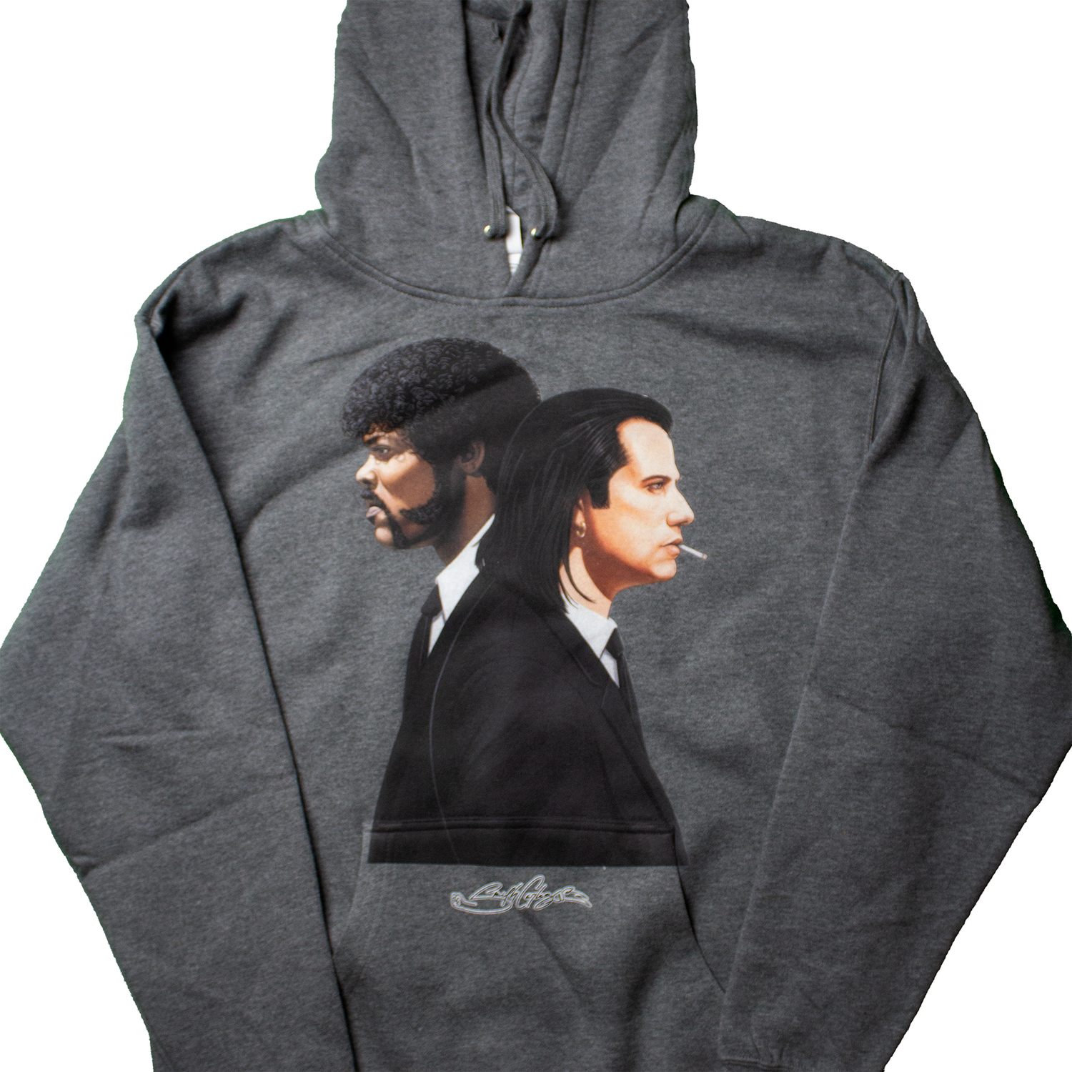 Front view of Jules & Vincent hoodie featuring iconic Pulp Fiction character artwork in DTG print
