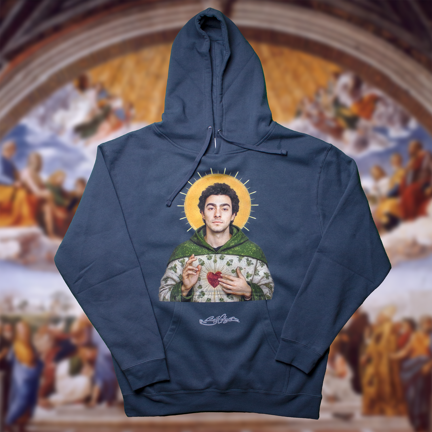 Luigi Mangione hoodie with saint-style design and sacred heart graphic – modern icon streetwear.
