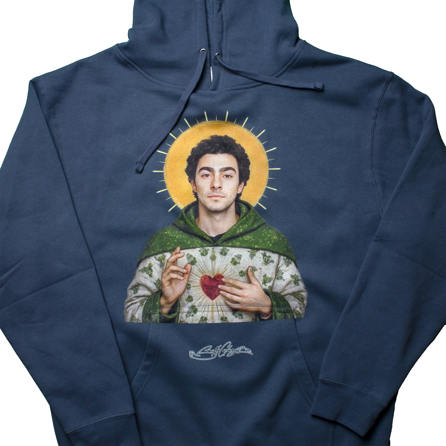 Front view of navy Luigi Mangione hoodie with halo and sacred heart graphic print